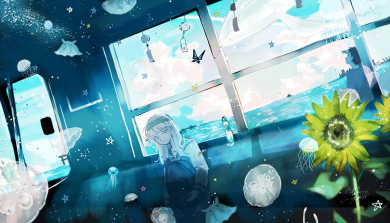 illustration, creation, white hair, background, summer, train, in the train, girl, jellyfish, Original 100+ bookmarks