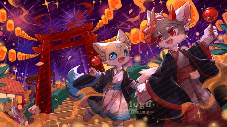 兽人, beast, 野兽, furry, 野兽, summer festival, 焰火, 插画