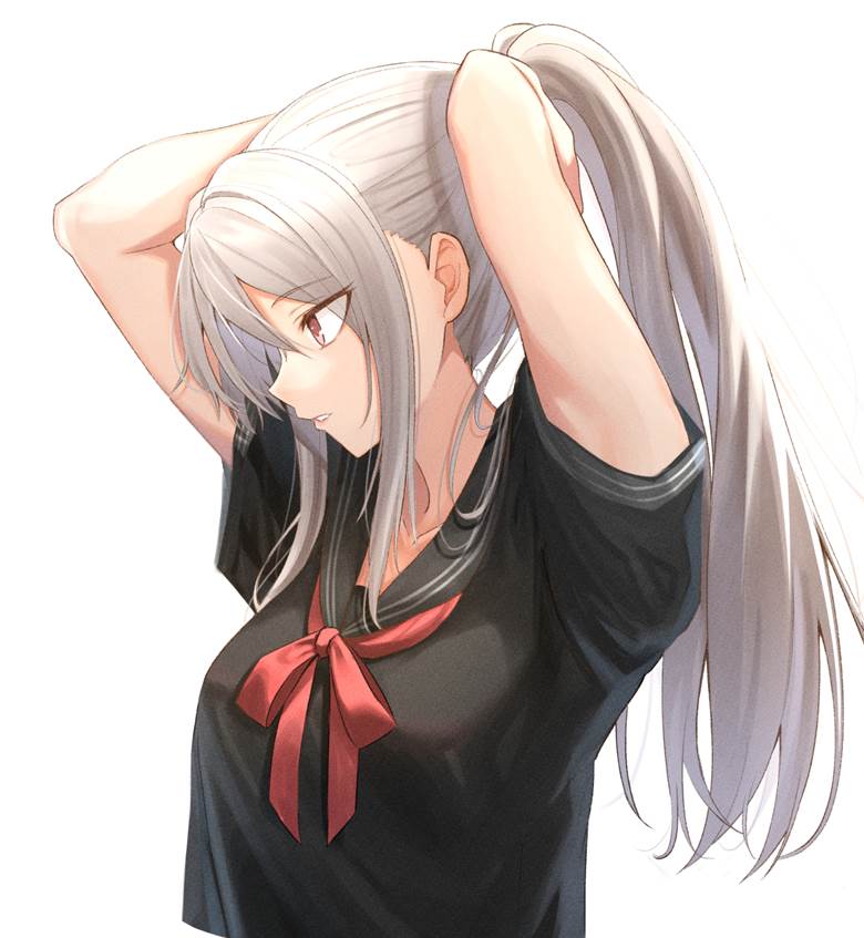 黑色水手服, 女高中生, 白发, uniform, 水手服, hairdressing, 马尾