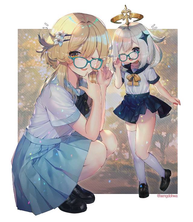 一张派蒙,荧,水手服,萤,原神,派萌绘画图片