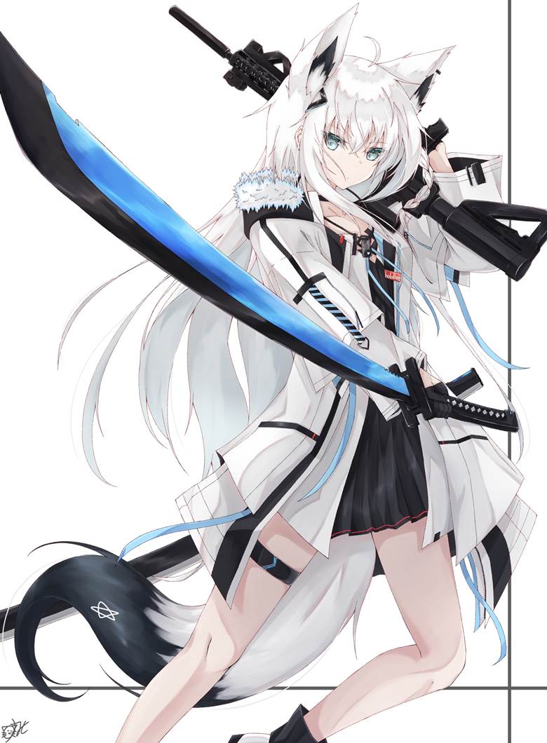 weapon, white hair, fox ears, Fubuki Shiragami, Hololive, virtual youtuber, Fubuki Shiragami fanart, Virtual YouTuber 5000+ bookmarks