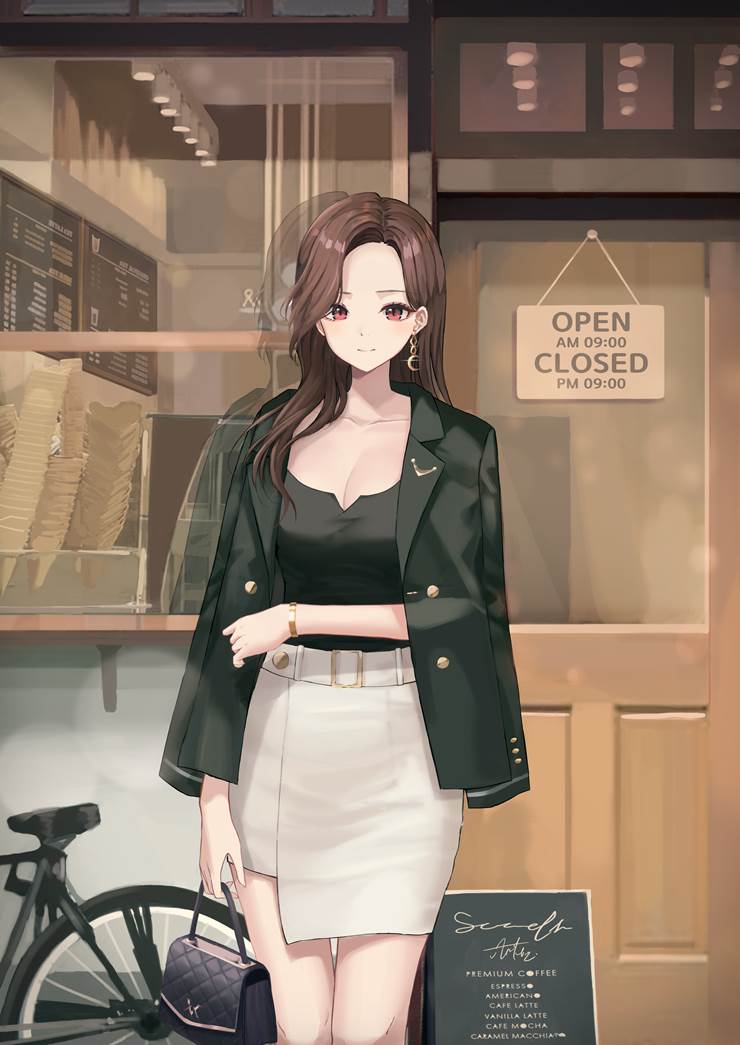 女孩子, 原创, long brown hair, forehead, 包臀裙, high-waisted skirt, large breasts, 魅惑的乳沟, earrings, 原创1000users加入书籤