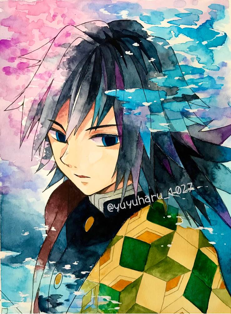 手绘, 插画, hand-drawn illustration, transparent watercolor, 鬼灭之刃, 富冈义勇, Demon Slayer: Kimetsu no Yaiba 1000+ bookmarks, 太美了