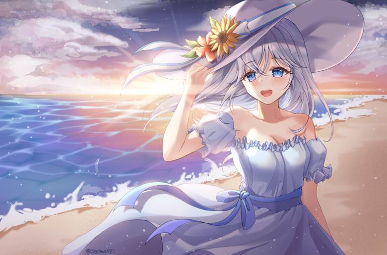 女孩子, summer dress, 夕阳, sea, 夏日天空, 长发, 海边, 沙滩