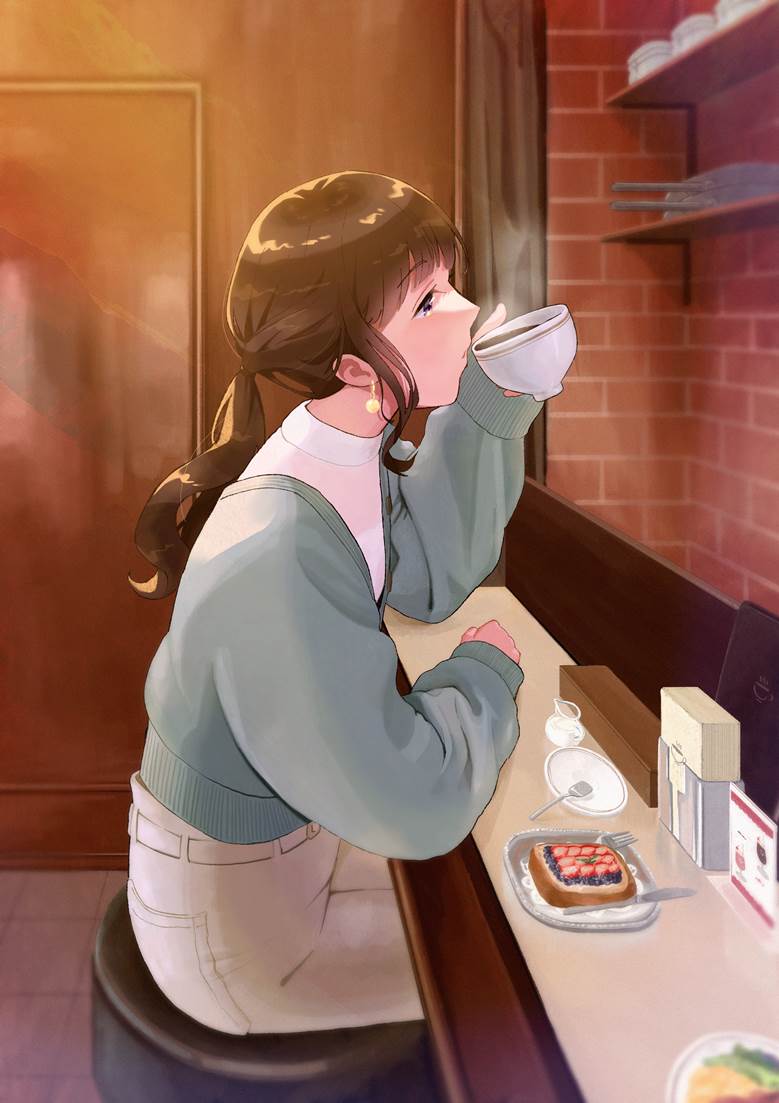 |ぽんち的喝咖啡的少女插画图片