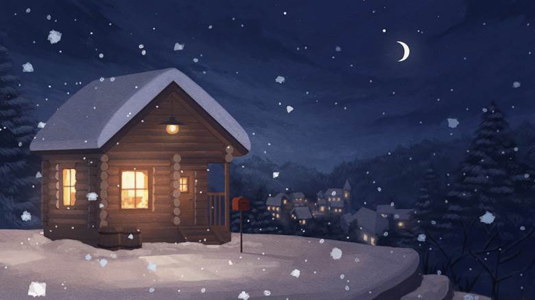 丘上の家|まじゅ的冬天下雪插画图片