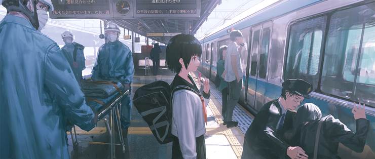 超美腻的列车站台风景插画图片，走，旅行去吧