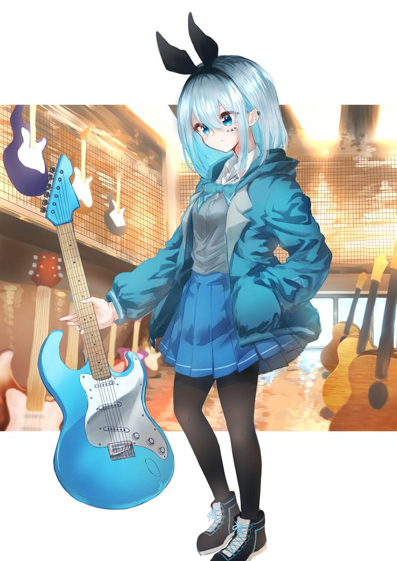 短发, 白发, 吉他, 蓝, 原创角色, 挑染, school uniform hoodie