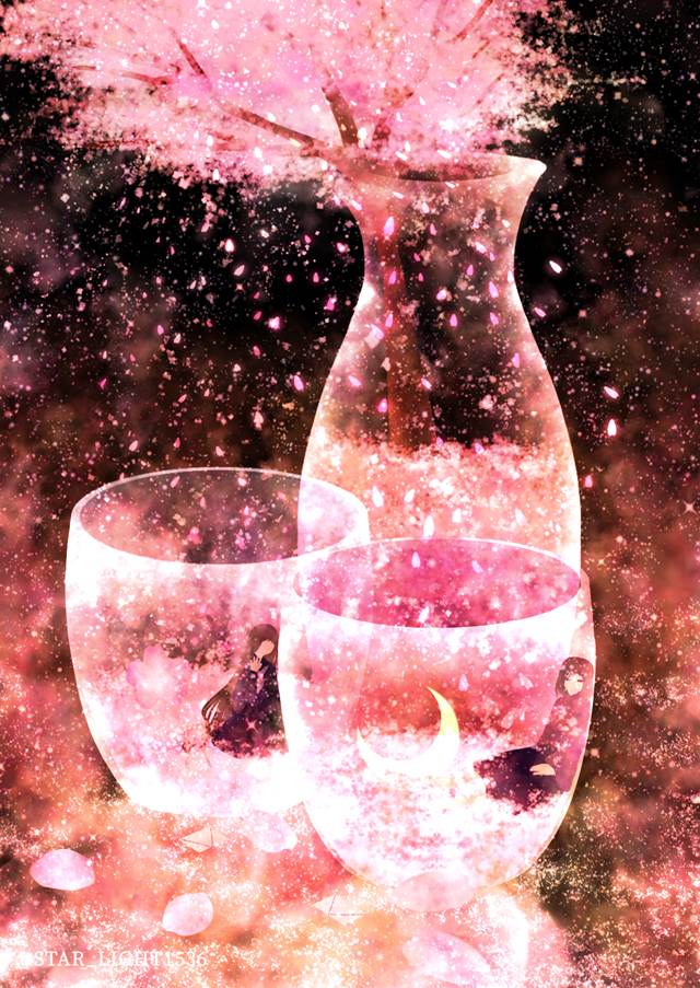 原创, 插画, 樱, 女孩子, 玻璃之中, 花和女孩子, in a cup, fantasy