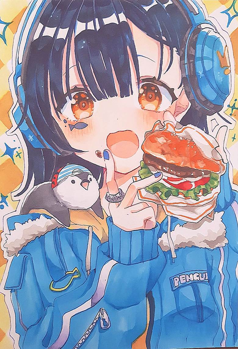 原创, 手绘, 汉堡包, 企鹅, 食物, copic马克笔