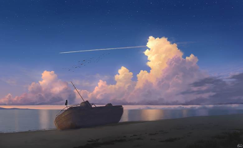 original, scenery, background, cumulo-nimbus, contrail, sunset, sea, ship, Original 500+ bookmarks
