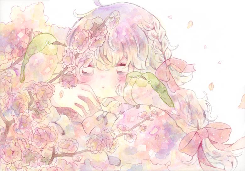 女孩子, 原创, 原创, transparent watercolor, 手绘, spring, 花和女孩子, 原创50收藏