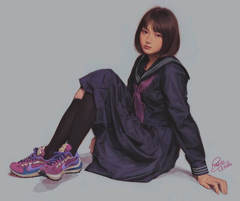 原创, 女孩子, 黑色水手服, sneakers, 黑色及膝袜, 水手服, 波波头