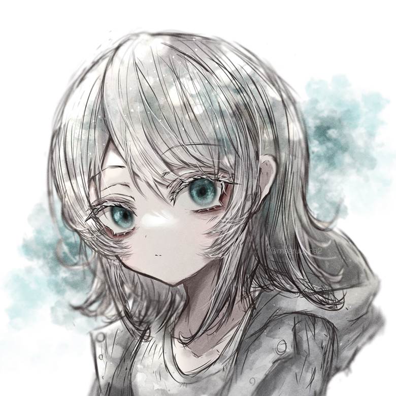 原创, blue eyes, watercolor, sunlight through trees, 白发, 连帽衫, 病娇, young girl, 原创