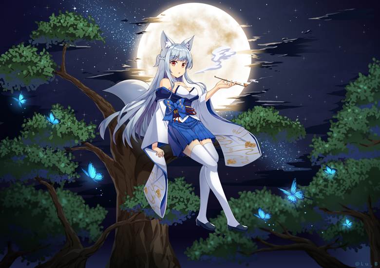 girl, fox ears, butterfly, night view, cigarette, animal ears, beast ears, creation