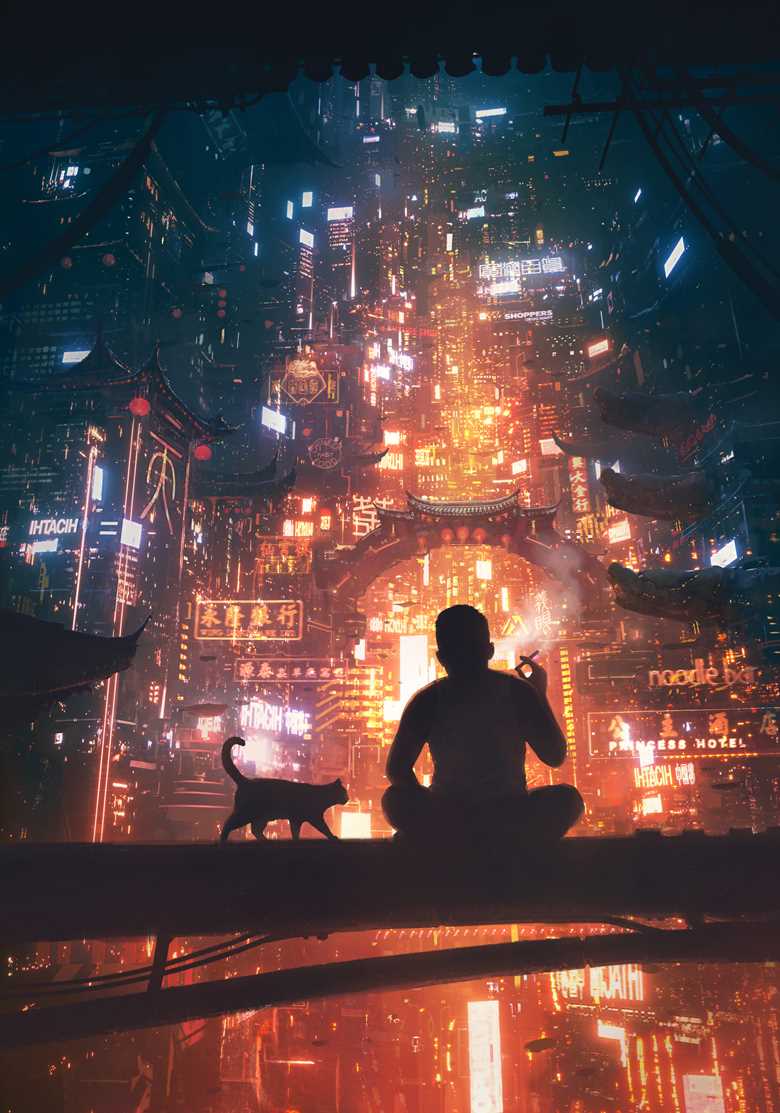 scenery, background, city, cyberpunk, Chinese style