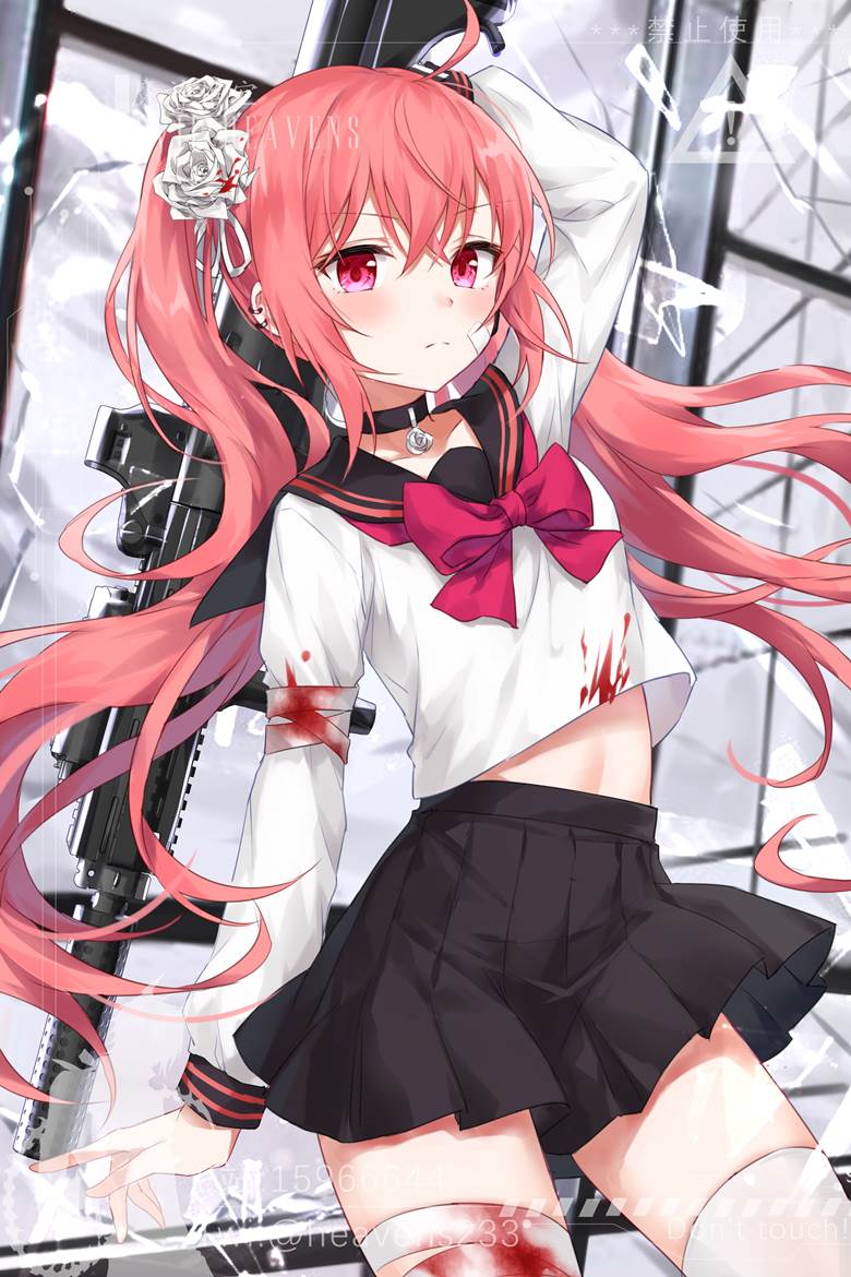 young girl, twin pig tails, original character, loli, sailor suit, sailor uniform, high school girl, mecha girl, gun