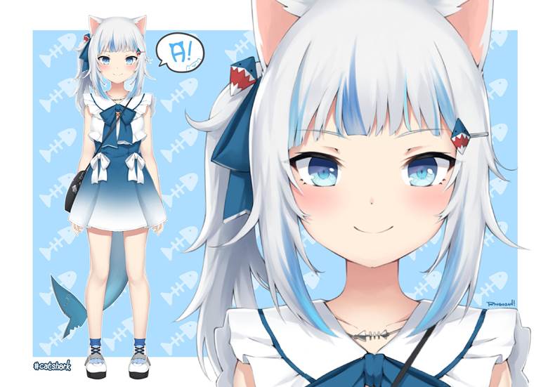 Hololive, 虚拟主播, 可爱, ponytail, 蝴蝶结, dress, cat ears, shark, 噶呜·古拉