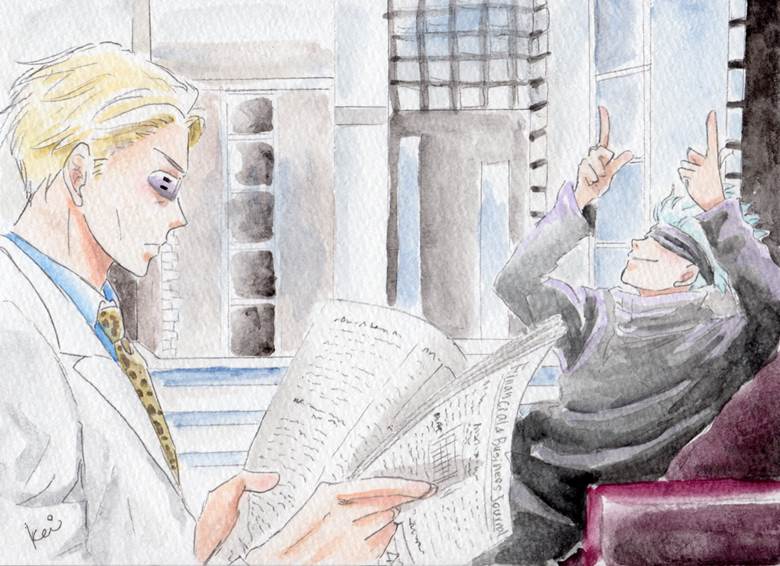 Jujutsu Kaisen, Kento Nanami, Satoru Gojo, traditional, analog illustration