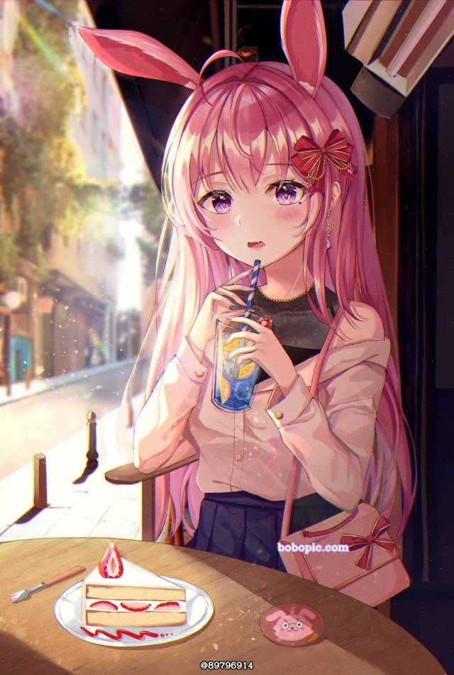 一张咖啡店,兽耳,粉色,PINK,兔耳朵,咖啡,小女孩绘画图片