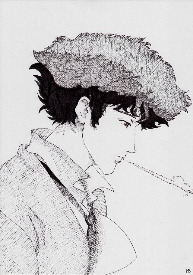 cowboy bebop, Spike Spiegel, ink painting, smoking, 香烟, 钢笔画, 肖像画
