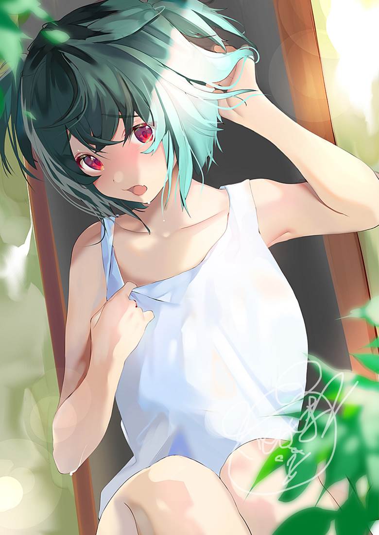 green hair, 短发, tank top, 夏天, 萝莉