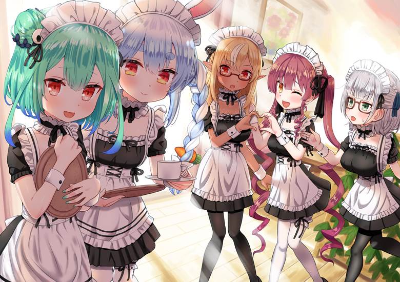 Hololive, Usada Pekora, Rushia Uruha, Flare Shiranui, Shirogane Noel, Houshou Marine, virtual youtuber, maid uniform, hololive Fantasy, Virtual YouTuber 1000+ bookmarks