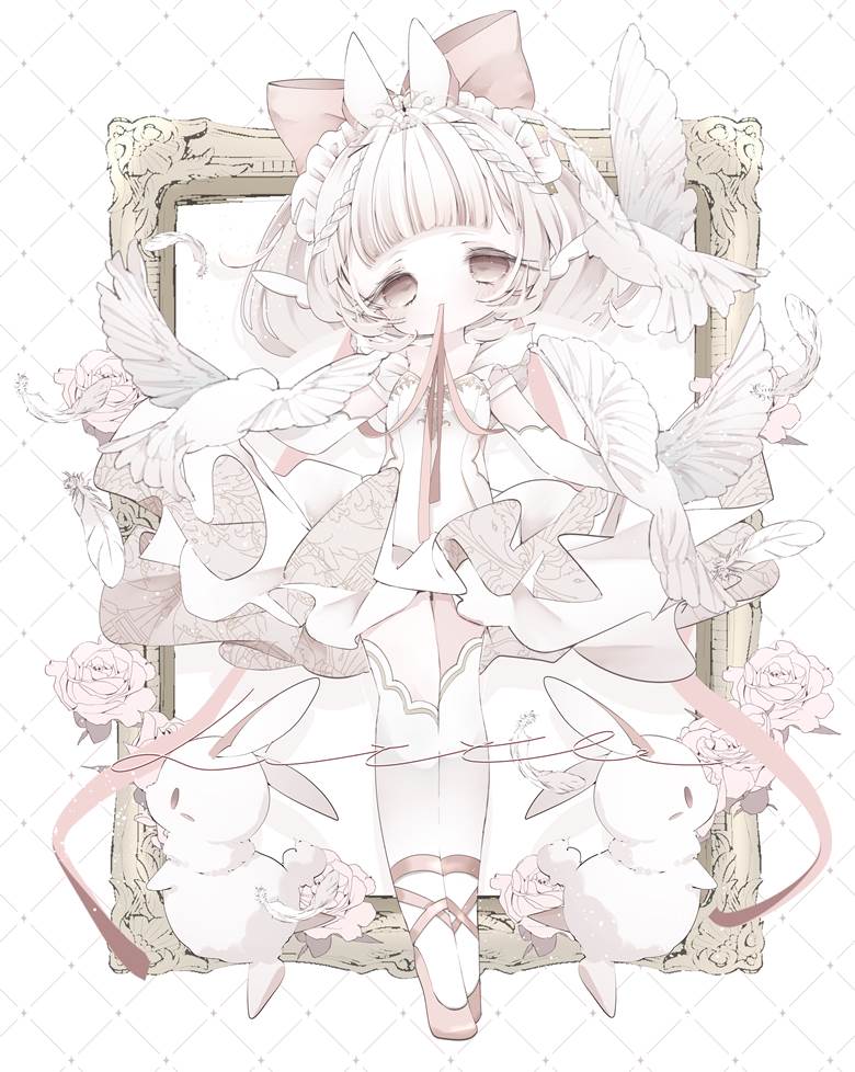 original, girl, creation, frills, white hair, rabbit, ballerina, holding ribbon in the mouth, Original 300+ bookmarks