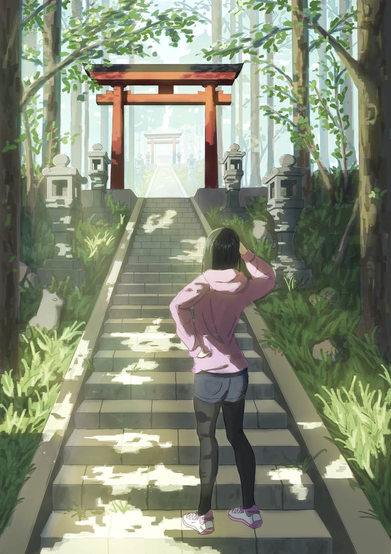 旅日记稲荷神社|赤井茶叶的楼梯风景插画图片