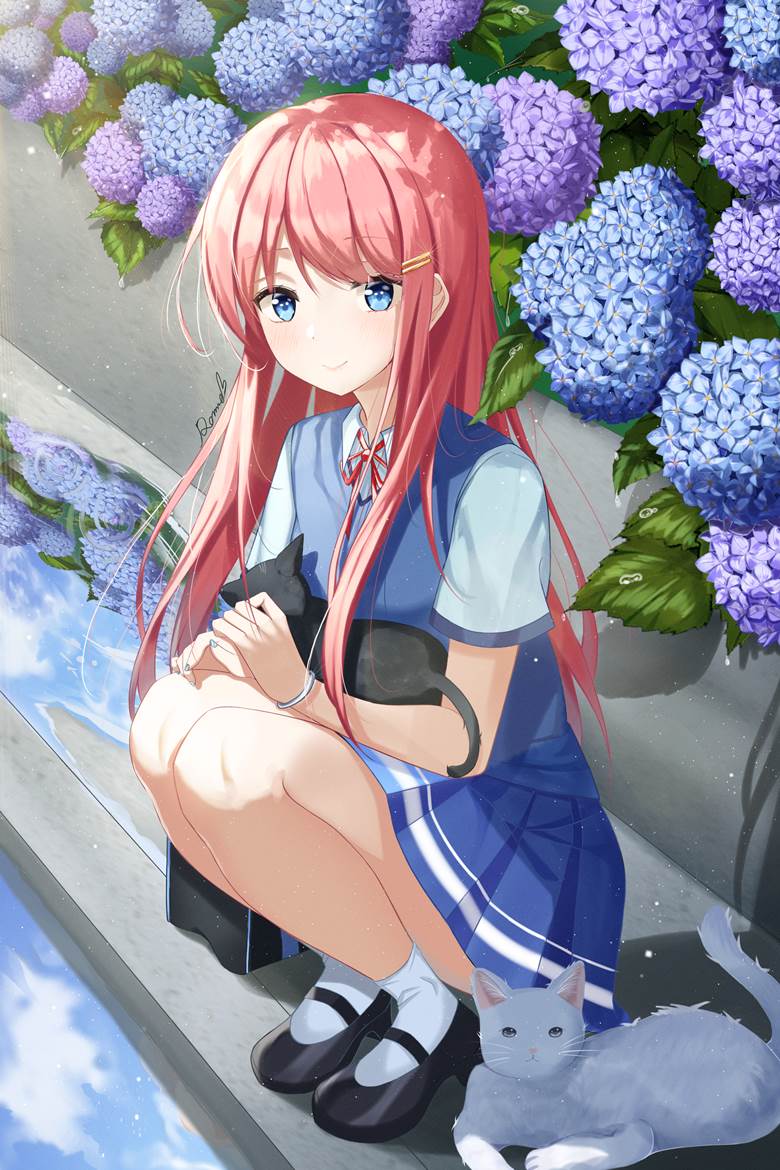 little girl, girl, flower, hydrangea, uniform, high school girl, nail polish, rainy season look, cat and girl, Original 500+ bookmarks
