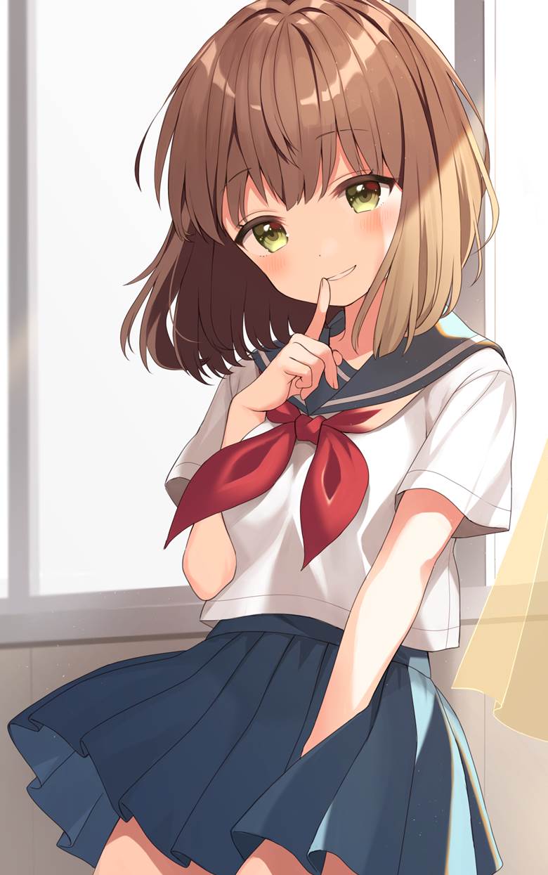 原创, 女高中生, 水手服, 波波头, 茶发, brown haired bob, green eyes, hushing, pressing skirt down, 原创5000users加入书籤