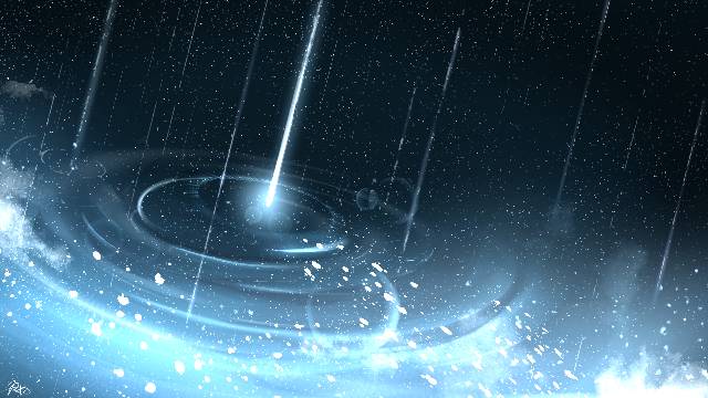 风景, landscape painting, lake, night view, meteor, water surface