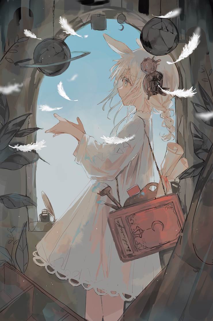 女孩子, 原创, 原创, 白色连衣裙, 窗边, bunny ears, 翅膀, 麻花辫, 原创3000收藏