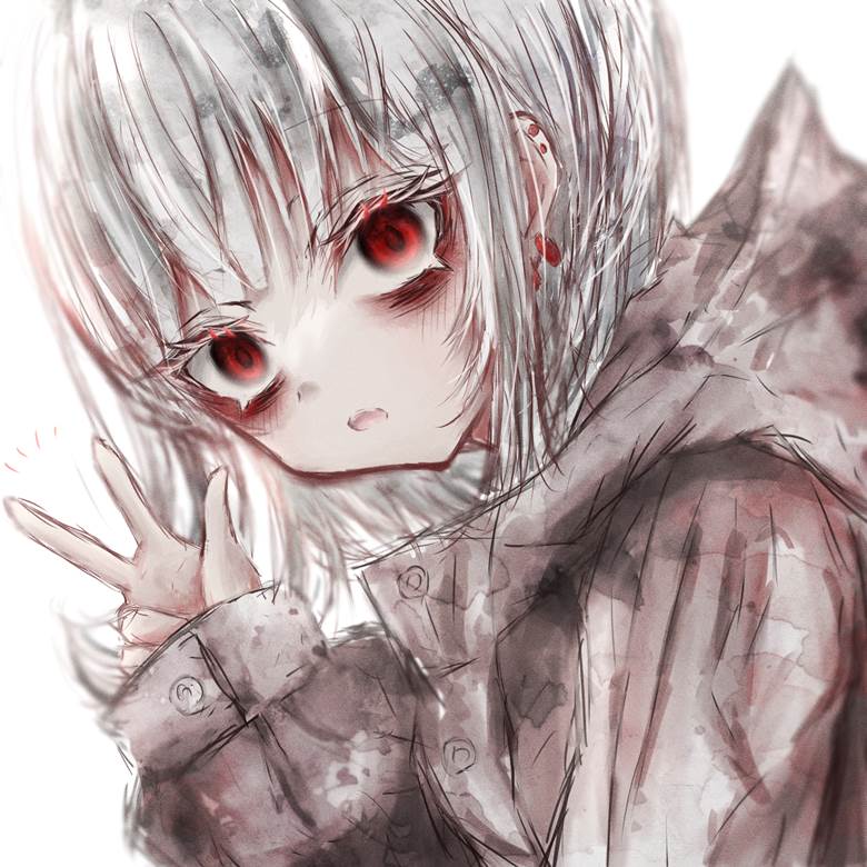 原创, young girl, red eyes, 连帽衫, 白发, watercolor, psycho, 病娇, 原创