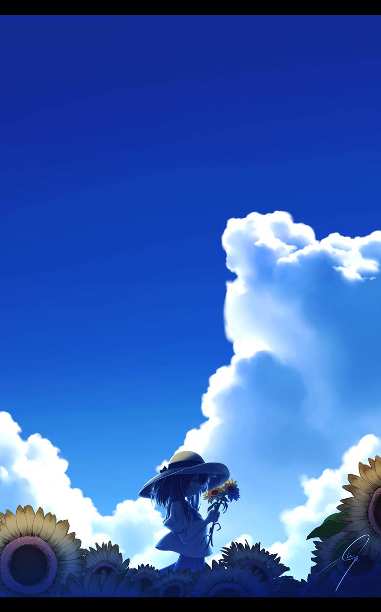 原创, 风景, 女孩子, background, fantasy, 夏天, 积雨云, 向日葵, 草帽, 夏日天空