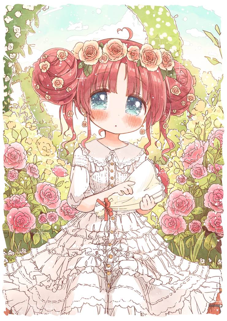 女孩子, 原创, 花和女孩子, 原创100收藏, 白色连衣裙, 团子头, bouquet, garden