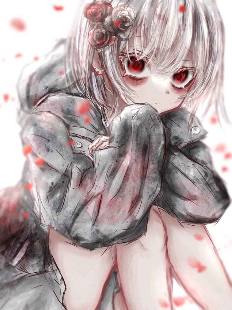 原创, 连帽衫, 白发, rose, sunlight through trees, watercolor, psycho, 病娇, 原创