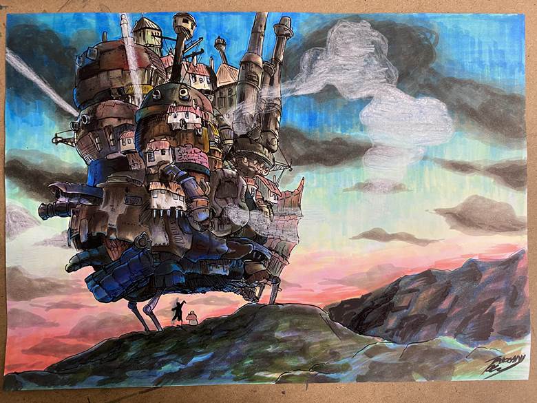 吉卜力, copic马克笔, analog illustration, 蘸水笔, 哈尔的移动城堡, 哈尔