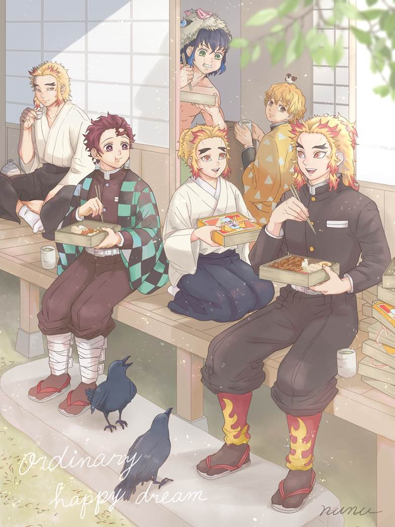 Demon Slayer: Kimetsu no Yaiba, Kyojuro Rengoku, Senjuro Rengoku, Rengoku brothers, Kamabokotai, Tanjirou Kamado, Nezuko Kamado, Zenitsu Agatsuma, Inosuke Hashibira