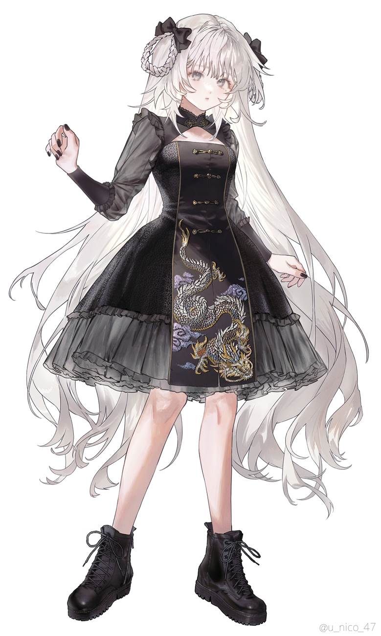 creation, original, girl, chinese dragon, China, gothic lolita, white hair, ribbon