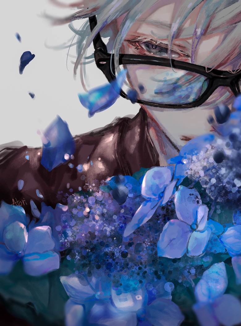 creation, original, sad, silver hair, handsome, boy, glasses, hydrangea