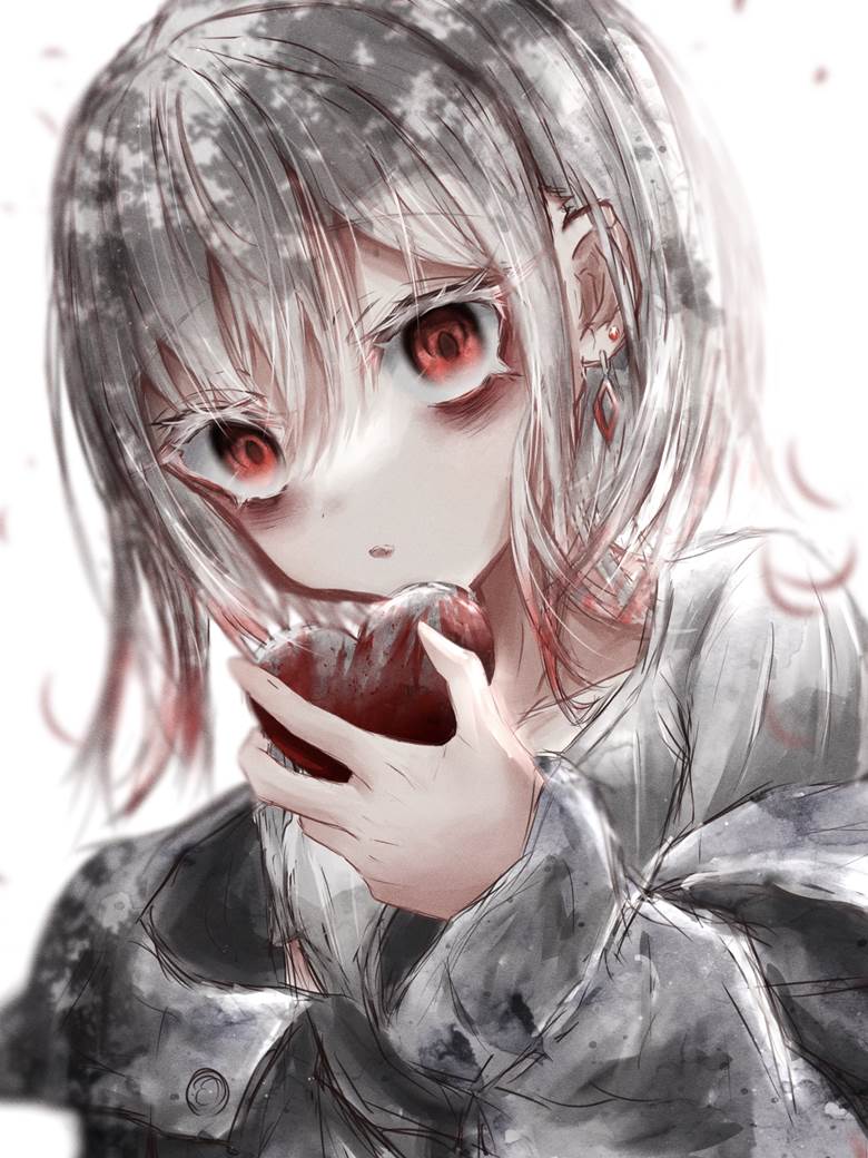 原创, young girl, 溅血, 连帽衫, sunlight through trees, 白发, watercolor, psycho, 病娇, 原创