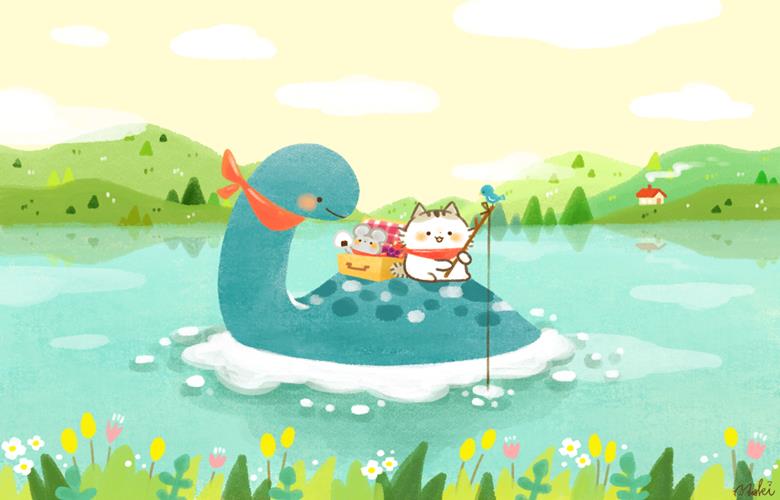 original, illustration, cat, dinosaur, lake, Original 500+ bookmarks