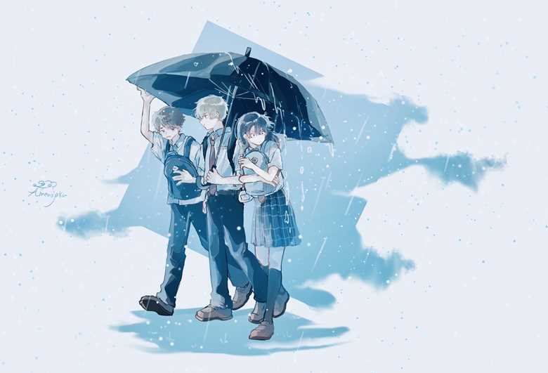 high school student, rain, uniform, young girl, young boy, youth, 原创, 插画, sharing an umbrella, 原创1000users加入书籤