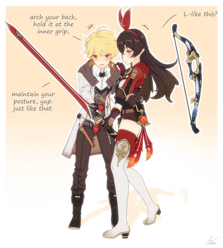 Genshin Impact, Aether (Genshin Impact), Amber, 安柏（原神）, Aether × Amber, 长筒靴, 刀剑神域