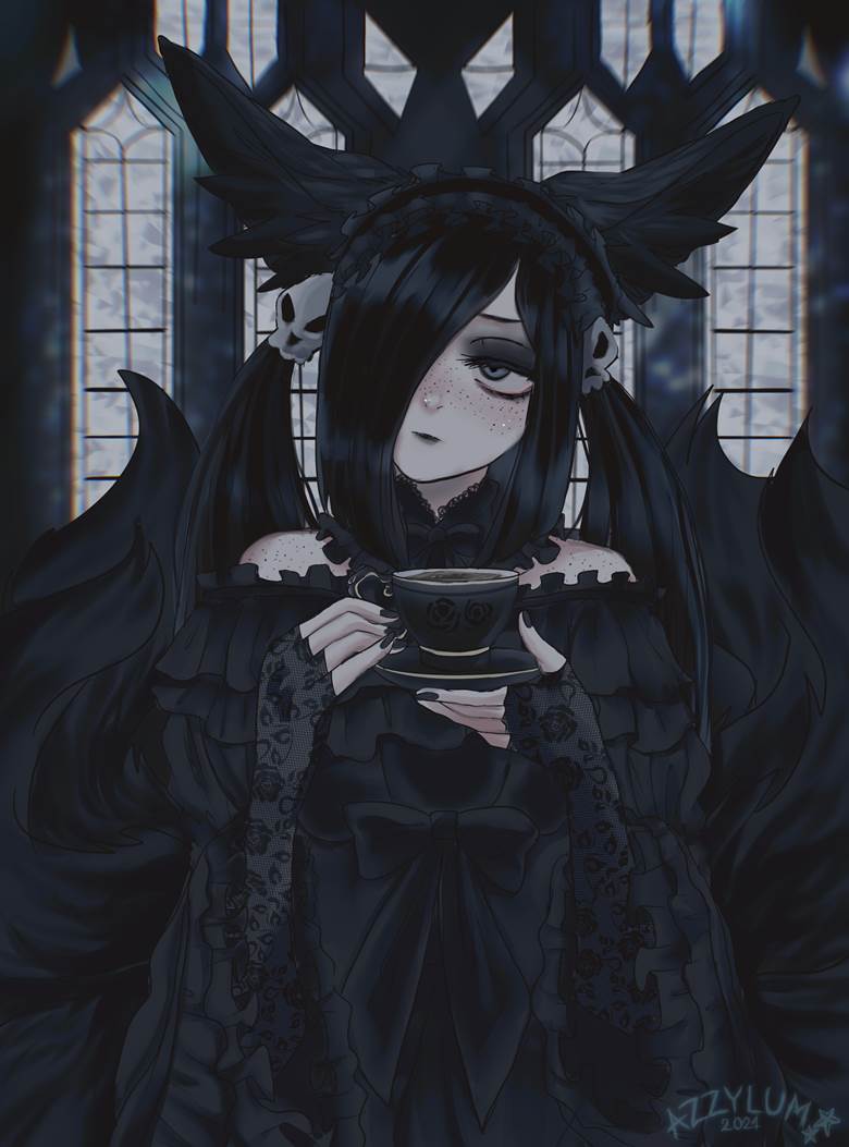 哥特萝莉, gothic, 兽耳, 洛丽塔, foxgirl, 狐狸, 黑色, 恐怖, one eye covered