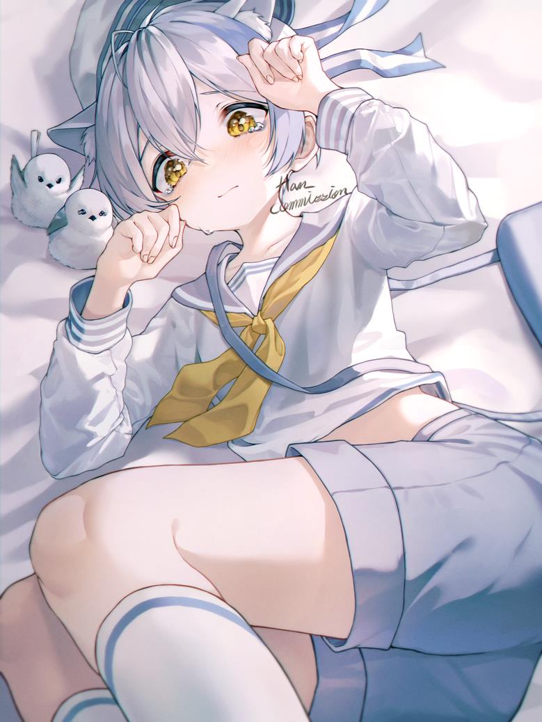 插画, young boy, Shota, 男孩子, 水手服, cat ears, 过膝袜, 蝴蝶结, sailor boy, 大腿