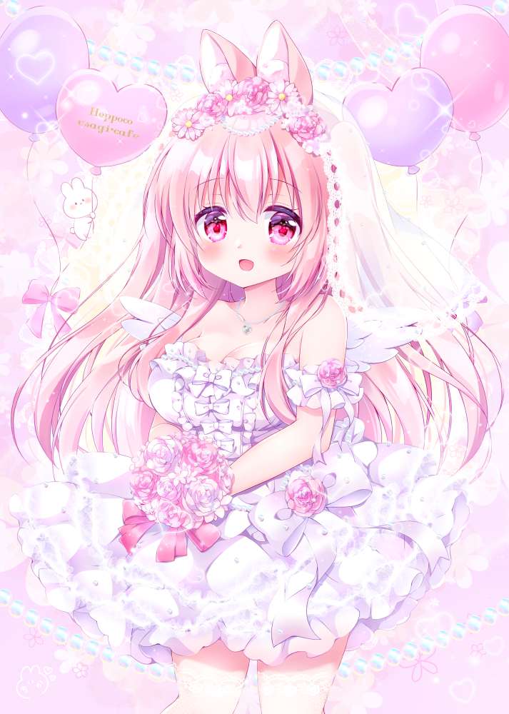 original, girl, two-side up, bunny ears, creation, wedding dress, breasts, pink, loli with huge breasts