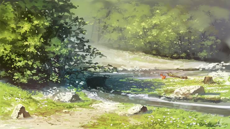background, 风景, nature, 作画过程, 画法, 树, grass, forest, 河, landscape painting