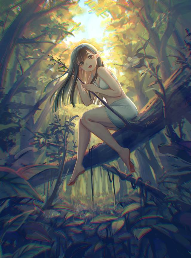 illustration, original works, cute, wallpaper, girl, elf, forest, nature, sunshine, 赤脚